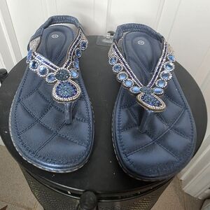Beaded Navy Blue Women's Thong Sandals - Dressy Comfort